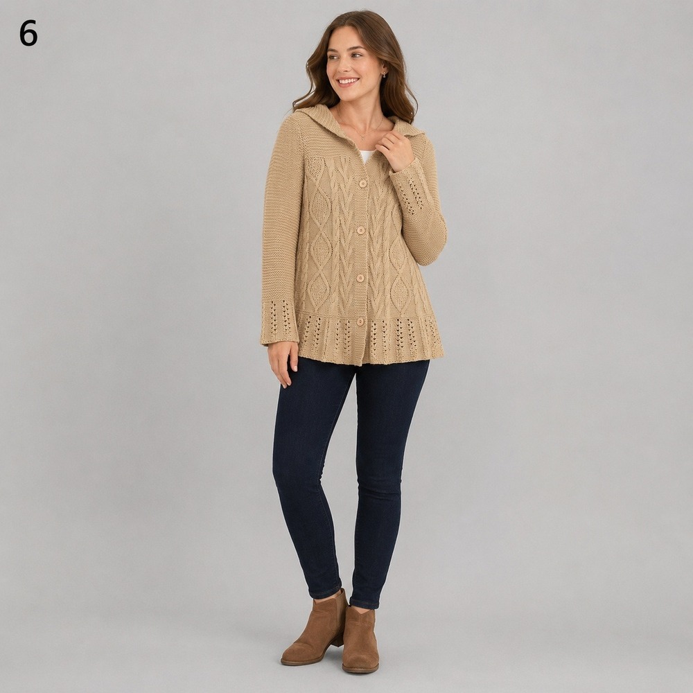 BCBGMAXAZRIA Cardigan Womens M Tan Cotton‎ Cable Knit Crochet Hooded Button